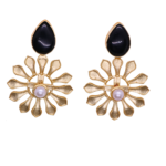 Traditional Wear Golden Gold Plated Brass Earrings  With Black monalisa stone And White Pearl - Image 2
