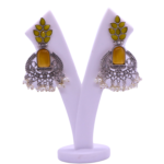 Handmade Brass Oxidized Silver look alike  Dangler Ethnic stone Earrings with Yellow stones for Girls & Women - Image 4