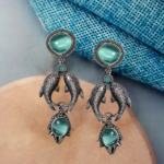 Antique Ethnic Fish earring green Monalisa stone Brass oxidised silver aplica designer stylish Stud Earring for women & girls - Image 3