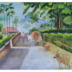 R.R. Traders Hand Made  rough texture, 440 gsm water color framed painting of ‘ Land scape’ scenery  [ Bullock cart return from field after routine work]   (24 inch x 18 inch)