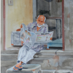 R.R. Traders Hand Made  rough texture, 440 gsm water color framed painting of ‘MASTI’ [ an old man passing time]  (24 inch x 18 inch)