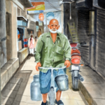 R.R. Traders Hand Made  rough texture, 440 gsm water color framed painting of An old man as a 'Milk Man' (24 inch x 18 inch)