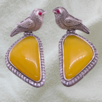 Handcrafted silver  plated triangular shape monalisa stone  sparrow design earrings